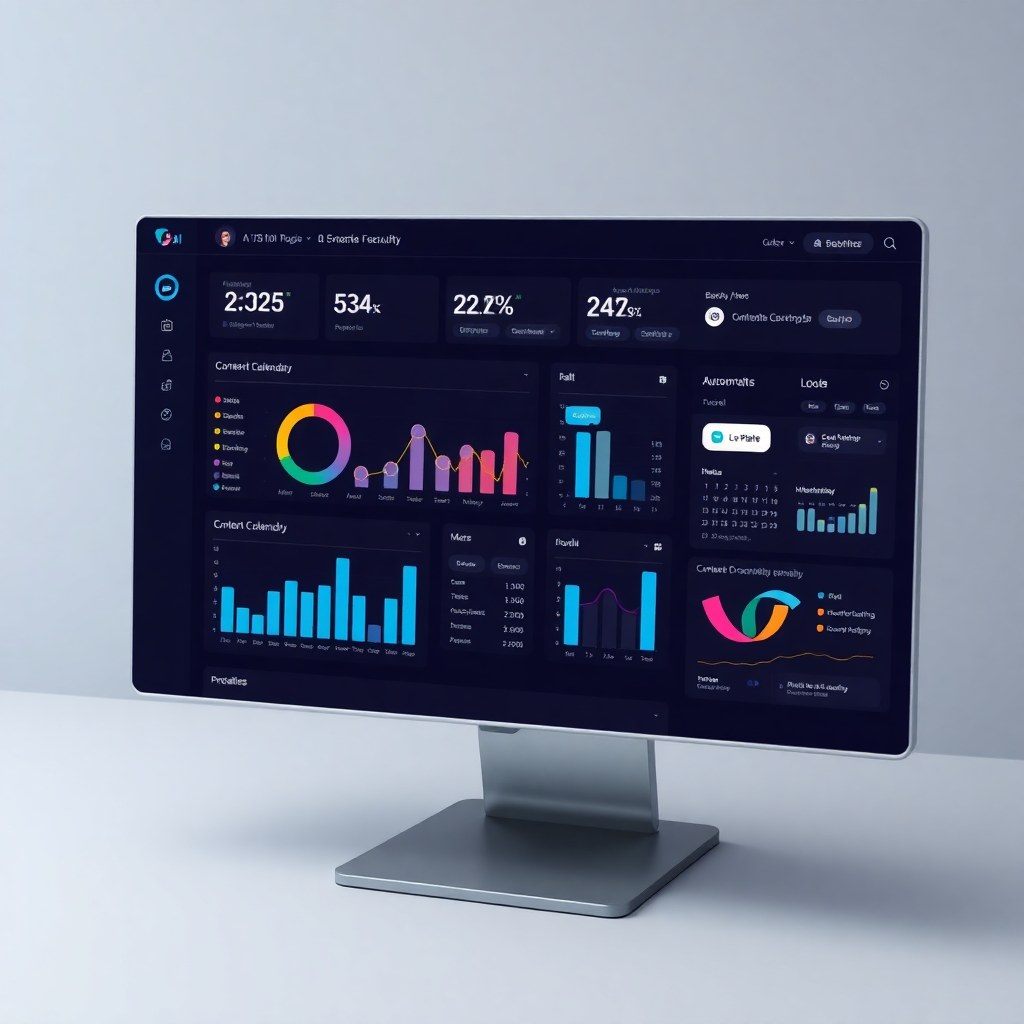 modern AI social media dashboard interface with analytics charts, content calendar, and automation features, dark mode UI, high quality