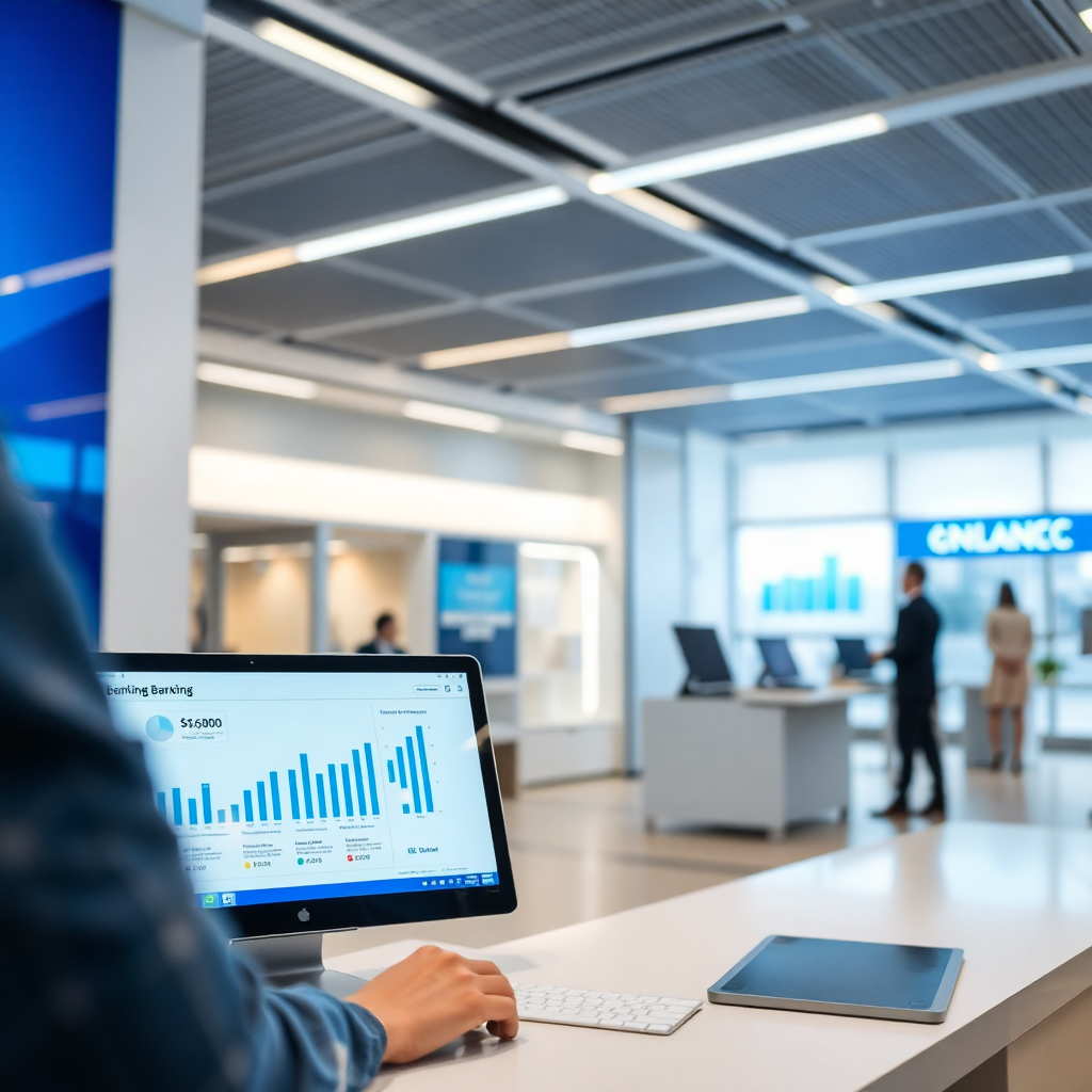 modern banking finance technology, digital banking interface, professional financial setting, blue and white color scheme