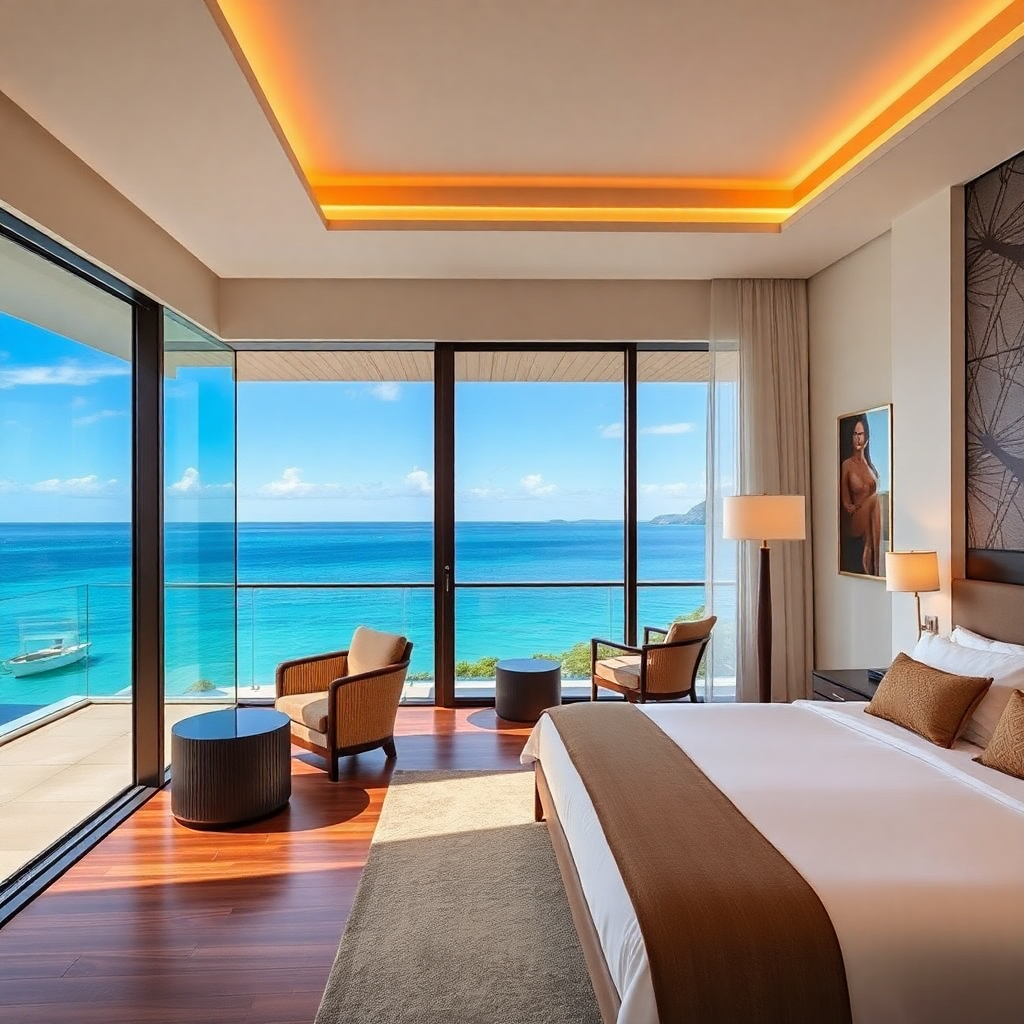 luxurious boutique hotel room with stunning ocean view, high-end interior design, travel photography