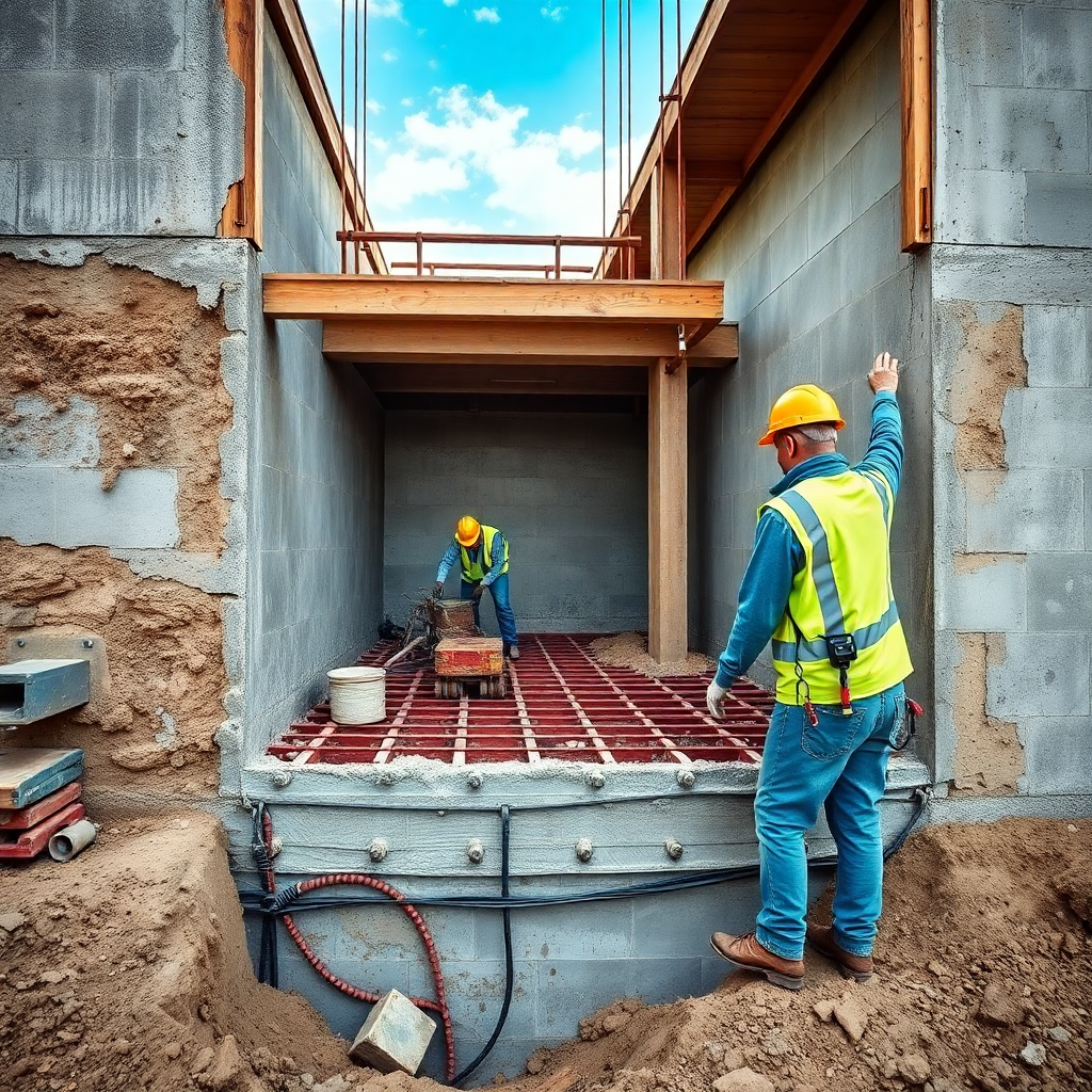 structural repair work on building foundation, construction workers with safety equipment, reinforcement and concrete work