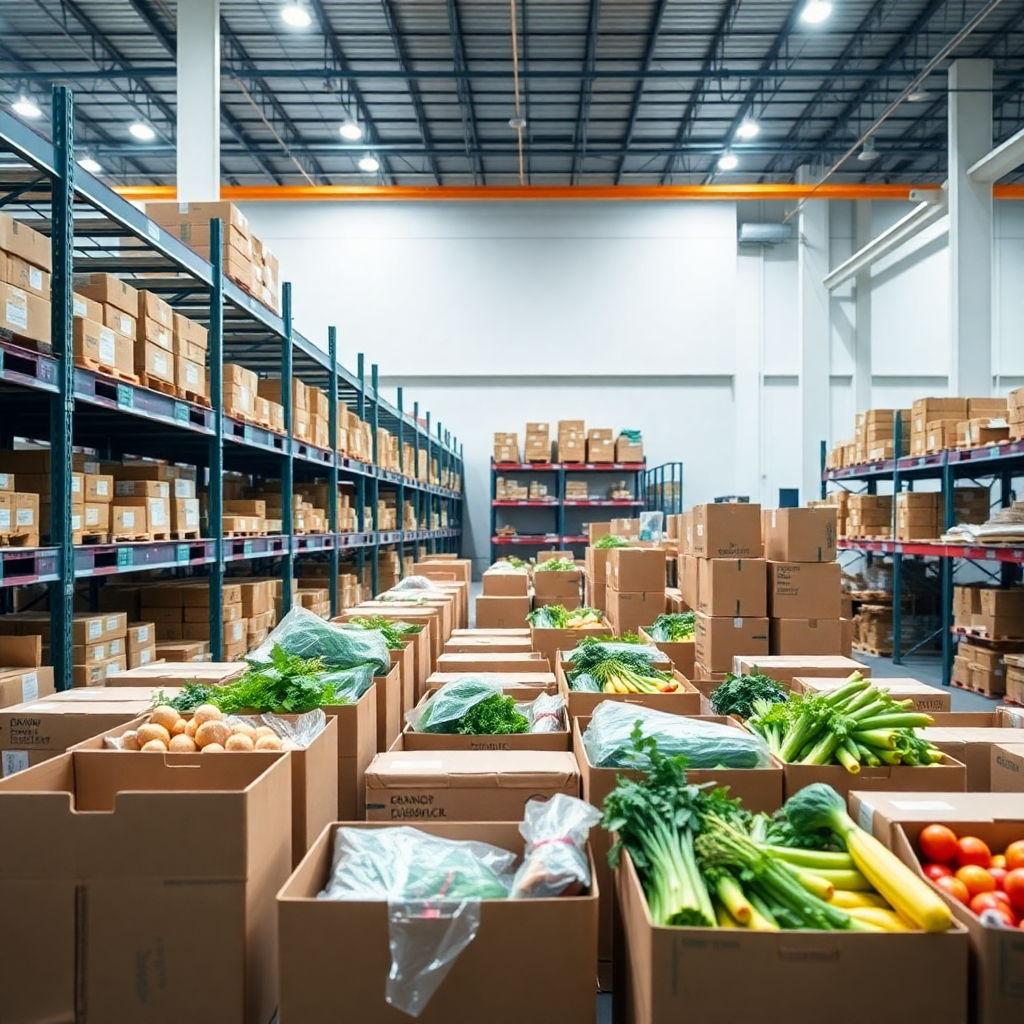 modern warehouse with organized boxes and fresh produce packaging, professional logistics environment, bright and clean