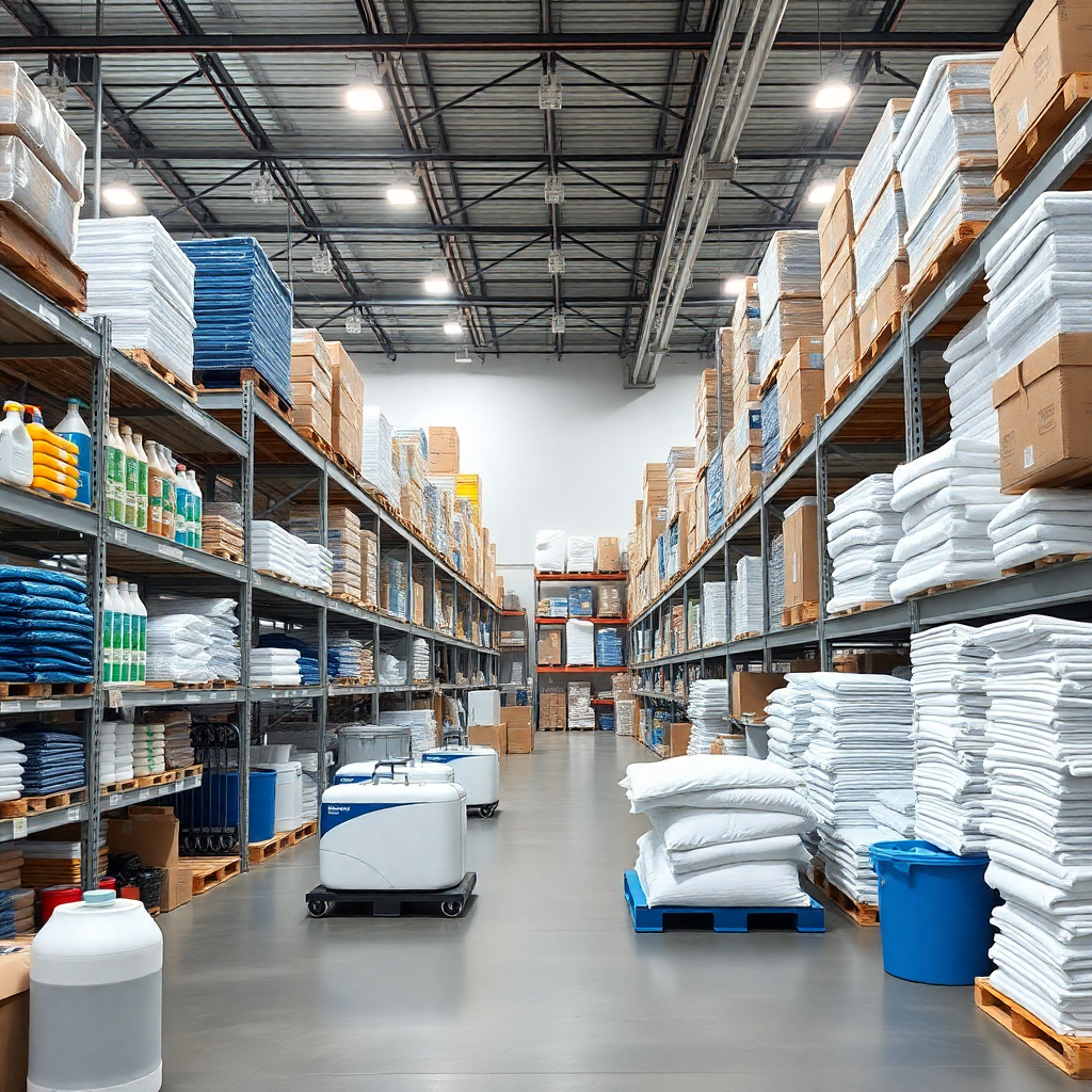 modern warehouse with organized cleaning supplies, office products and textiles, bright lighting, professional distribution center