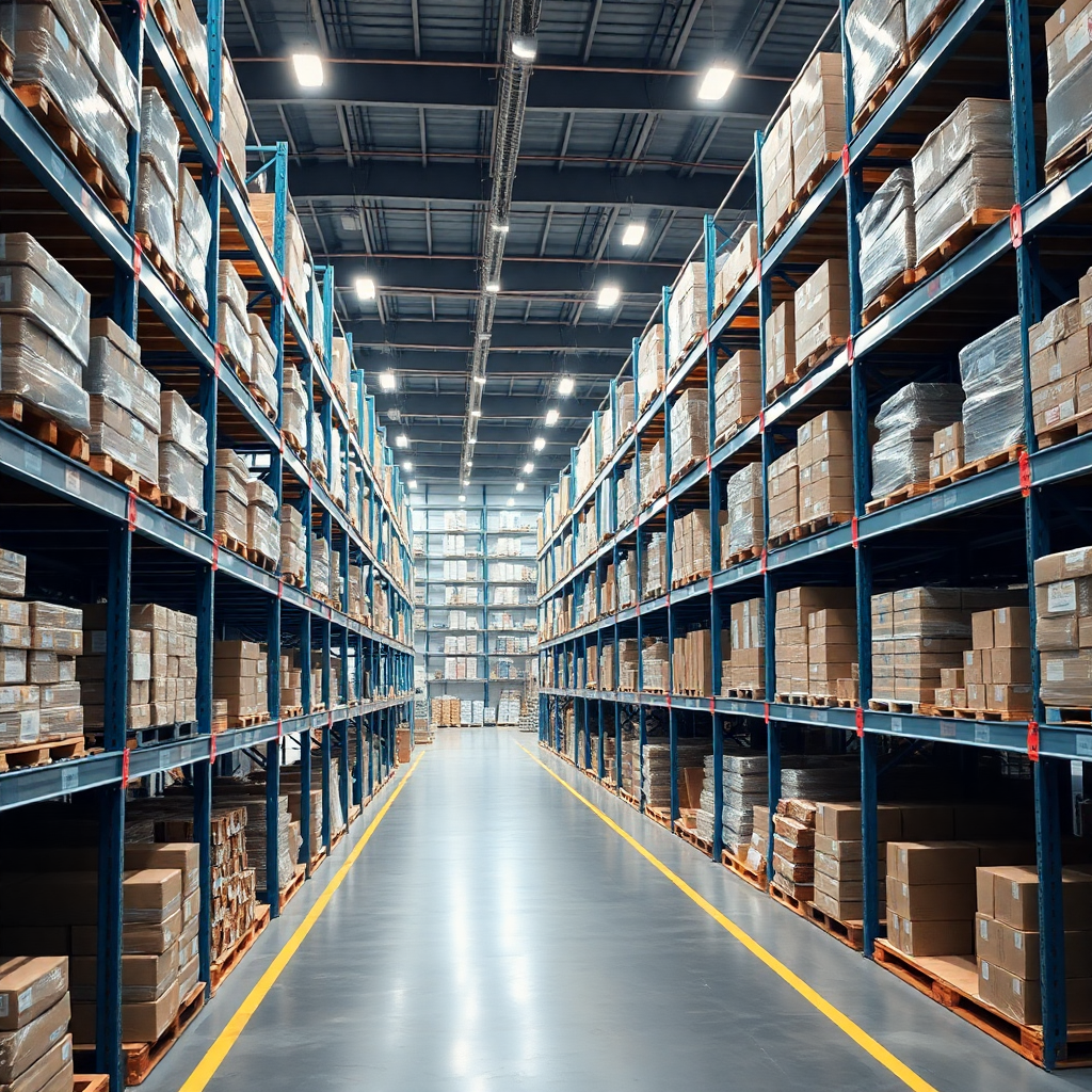 modern warehouse with organized shelves, bright lighting, professional supply chain environment