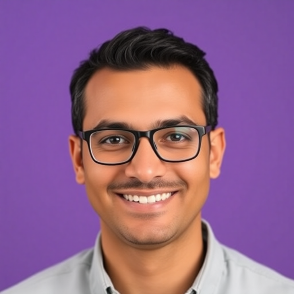Headshot of Ali Abdaal, a smiling man with glasses and short dark hair, wearing a light-colored shirt against a vibrant purple studio background.