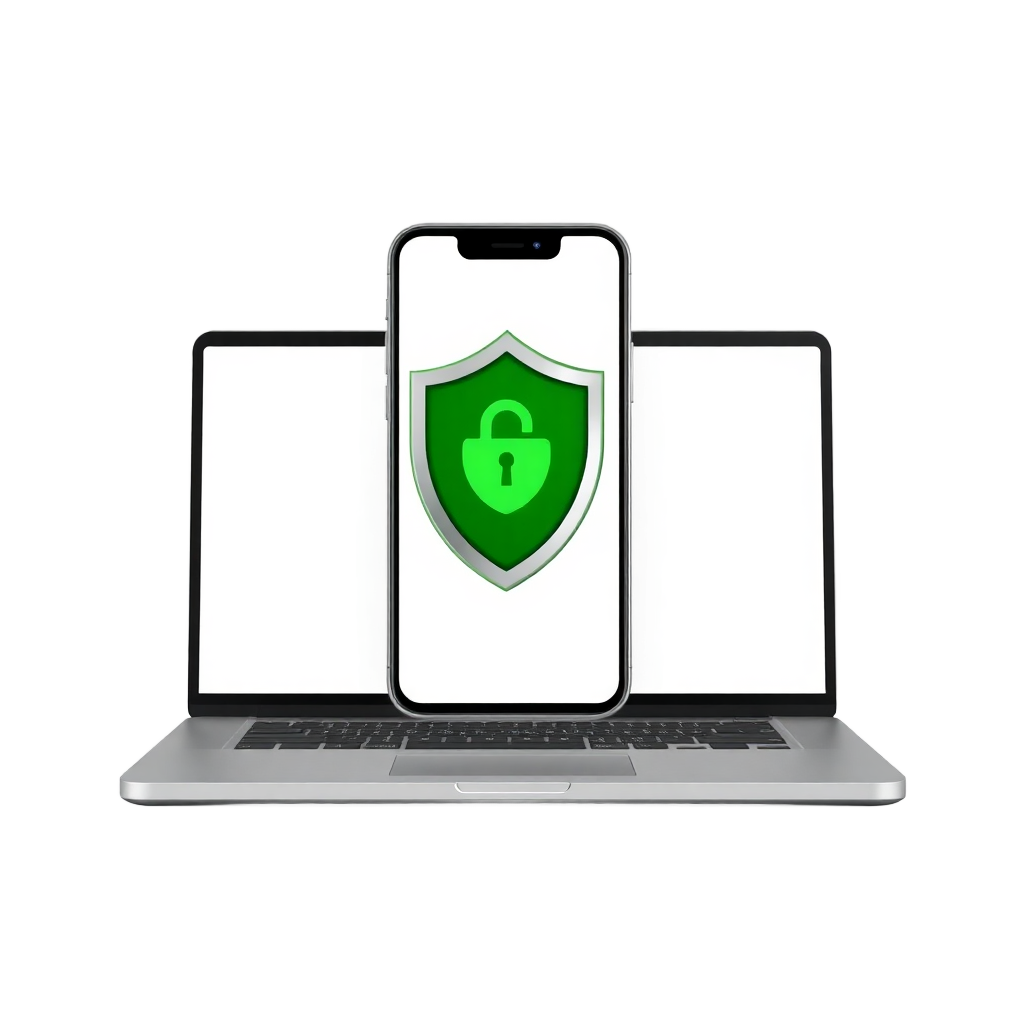 modern smartphone and laptop displaying VPN shield interface with green accents, floating on transparent background, 3D render style