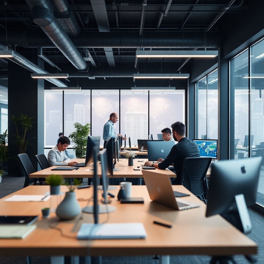 fintech office with data engineers working, modern workplace