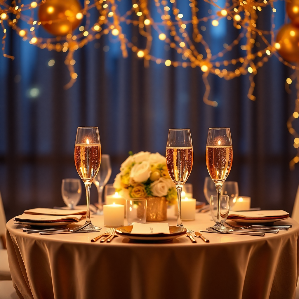 anniversary celebration with golden decorations, elegant table setting, champagne glasses, romantic ambiance