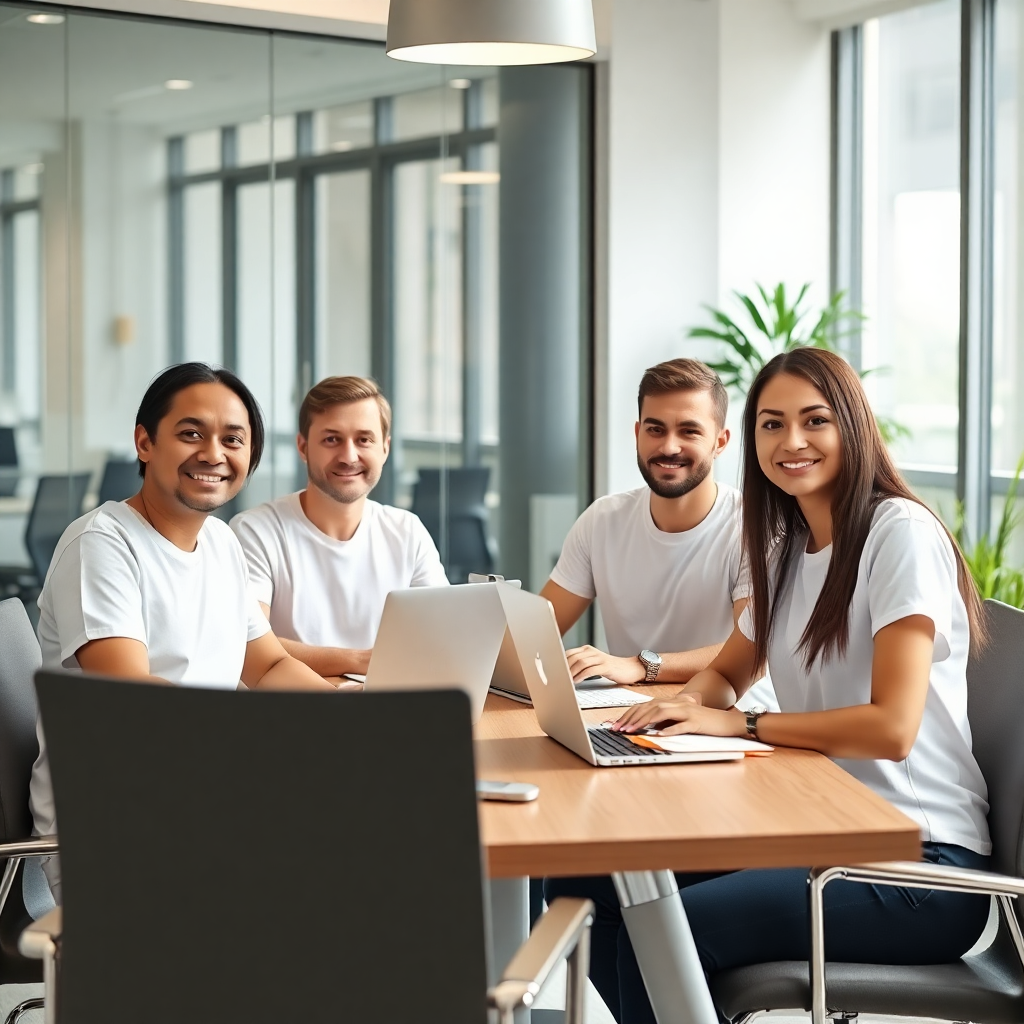 professional business meeting in a bright modern office, four people sitting around a table with laptops, wearing white t-shirts with