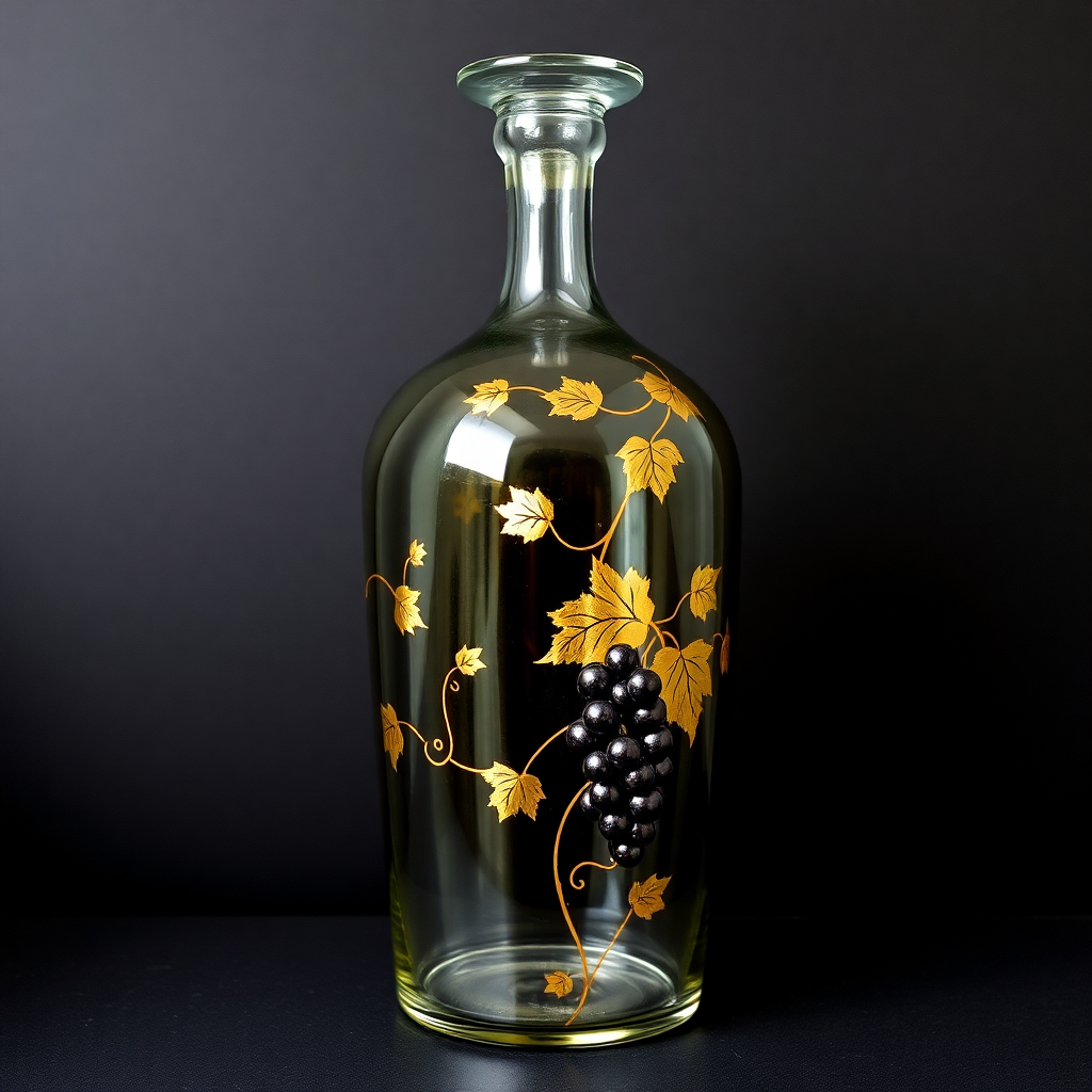 Vintage-inspired glass decanter with gold painted vines and grape clusters