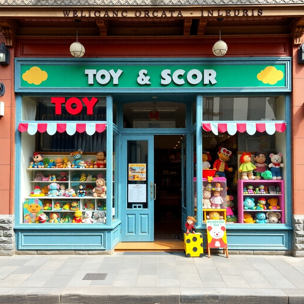 toy store exterior in Quilmes Argentina, welcoming storefront, colorful display windows, traditional neighborhood shop