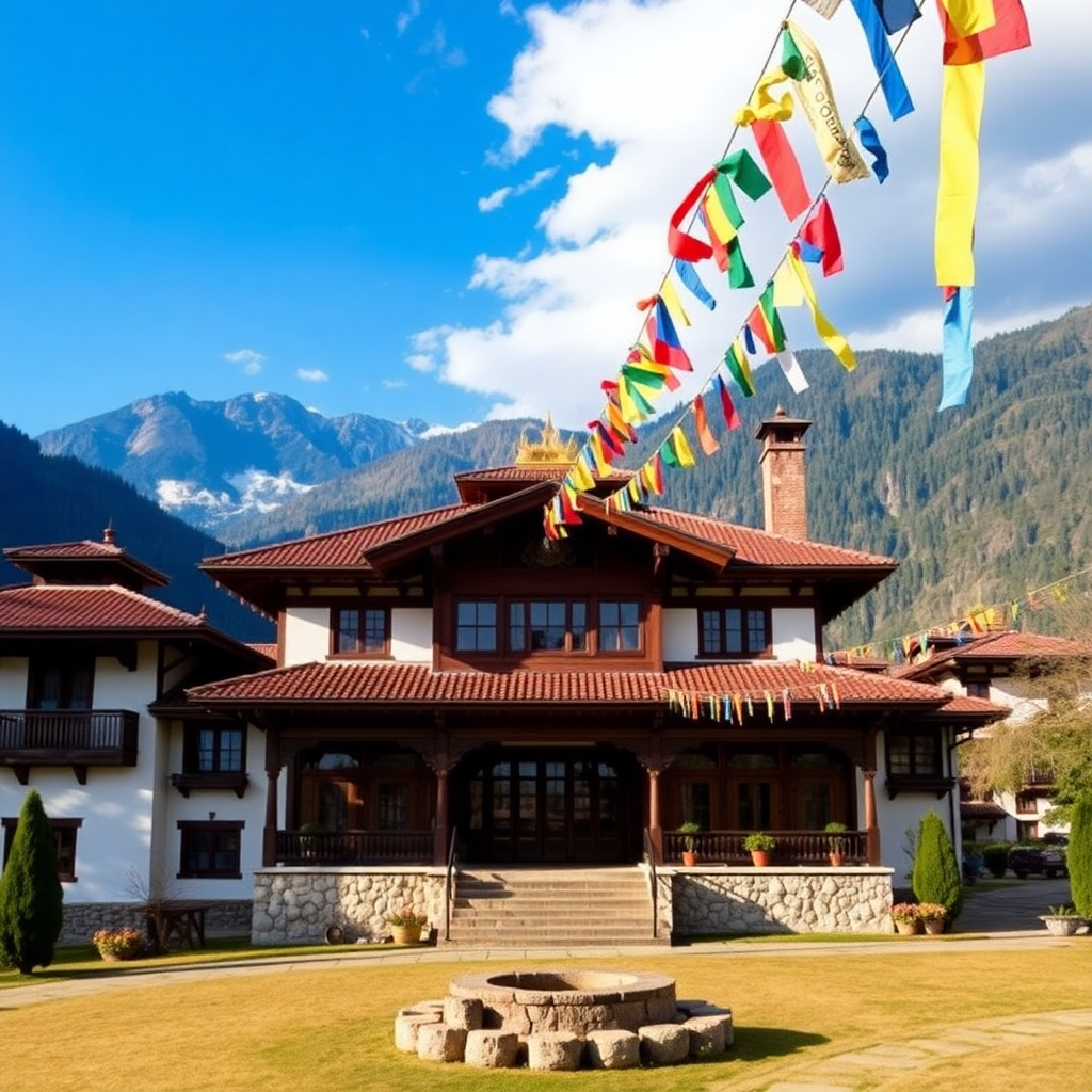 Luxury retreat in Bhutan with traditional architecture, prayer flags and mountain backdrop
