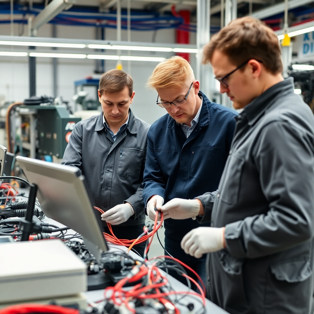 team of engineers and technicians working on wiring harness design and testing