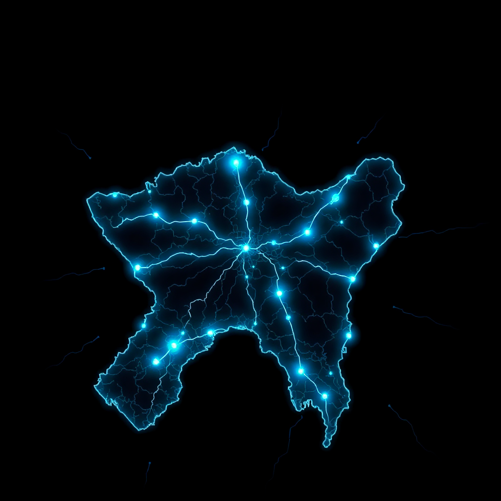 futuristic map of Delhi NCR with glowing blue route lines, tech overlay, dark background