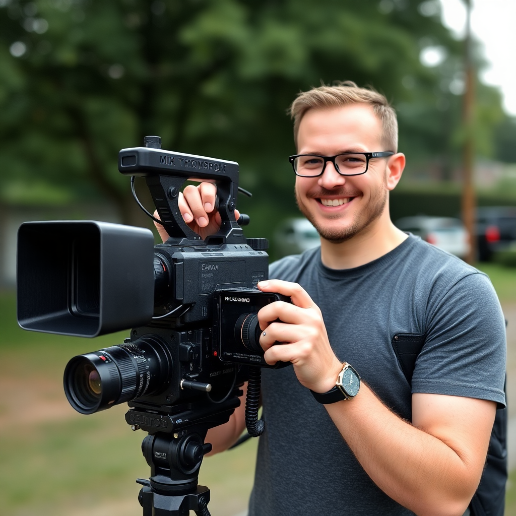 professional headshot male videographer Mike Thompson with video camera