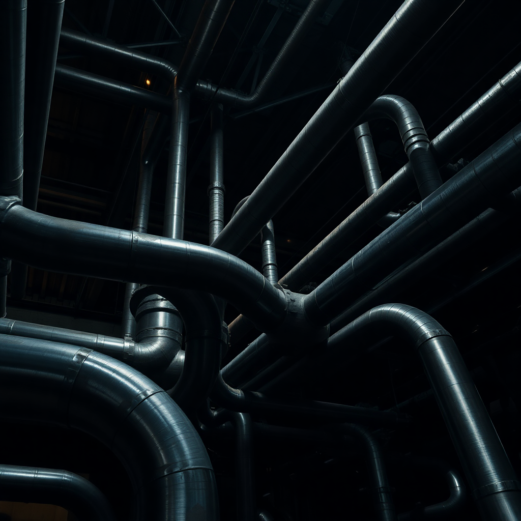 industrial steel pipes in dark warehouse with dramatic lighting, cinematic photography