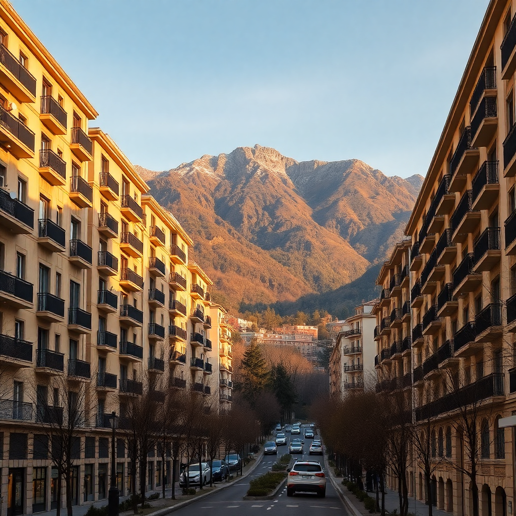 Escaldes-Engordany residential boulevard elegant apartment buildings mountain backdrop warm light editorial photography luxury Andorra