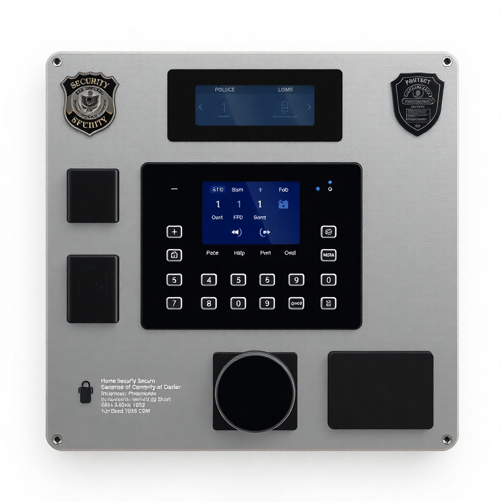 modern home security alarm control panel, professional security systems, police badge style design
