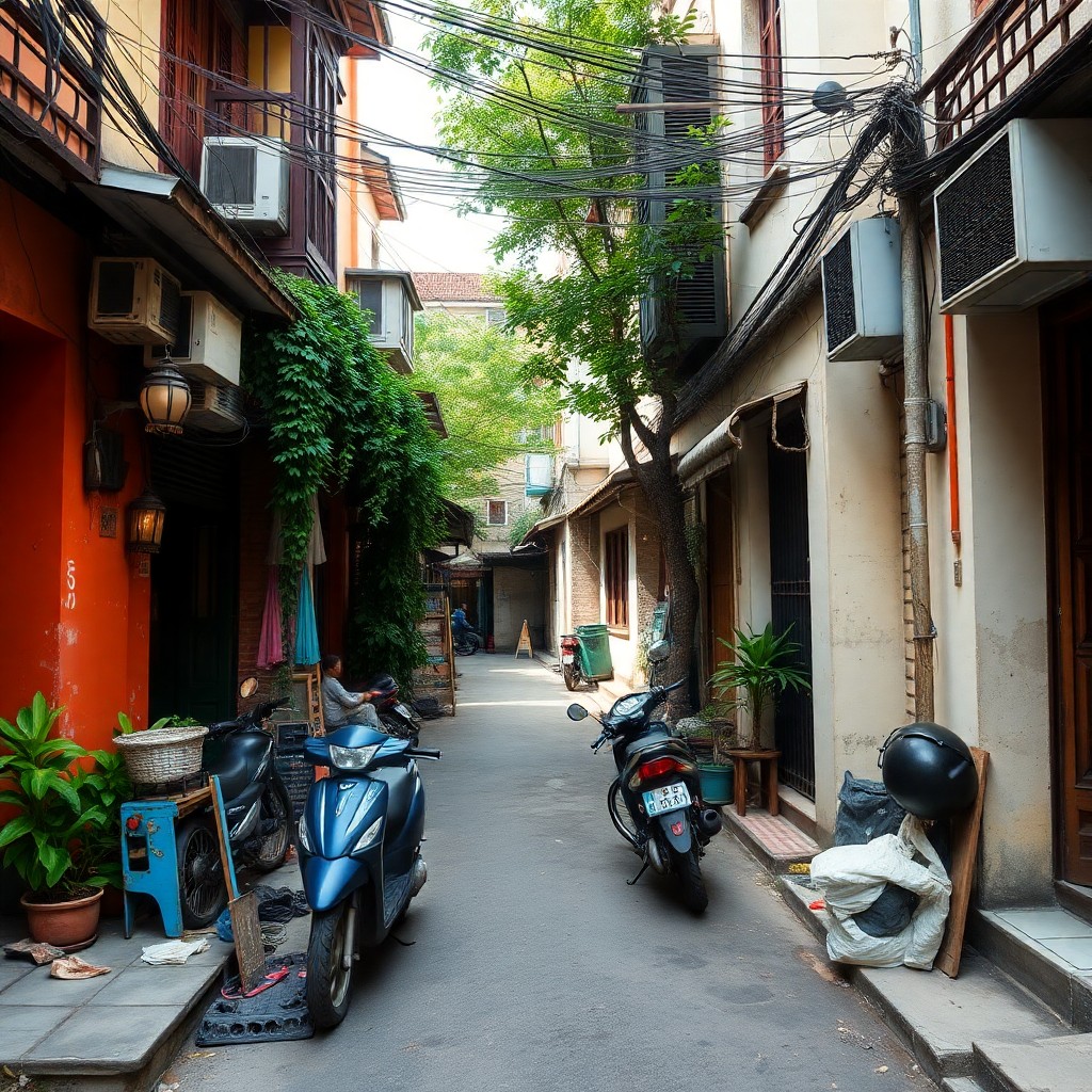 hanoi local neighborhood with small streets and authentic life, professional photography