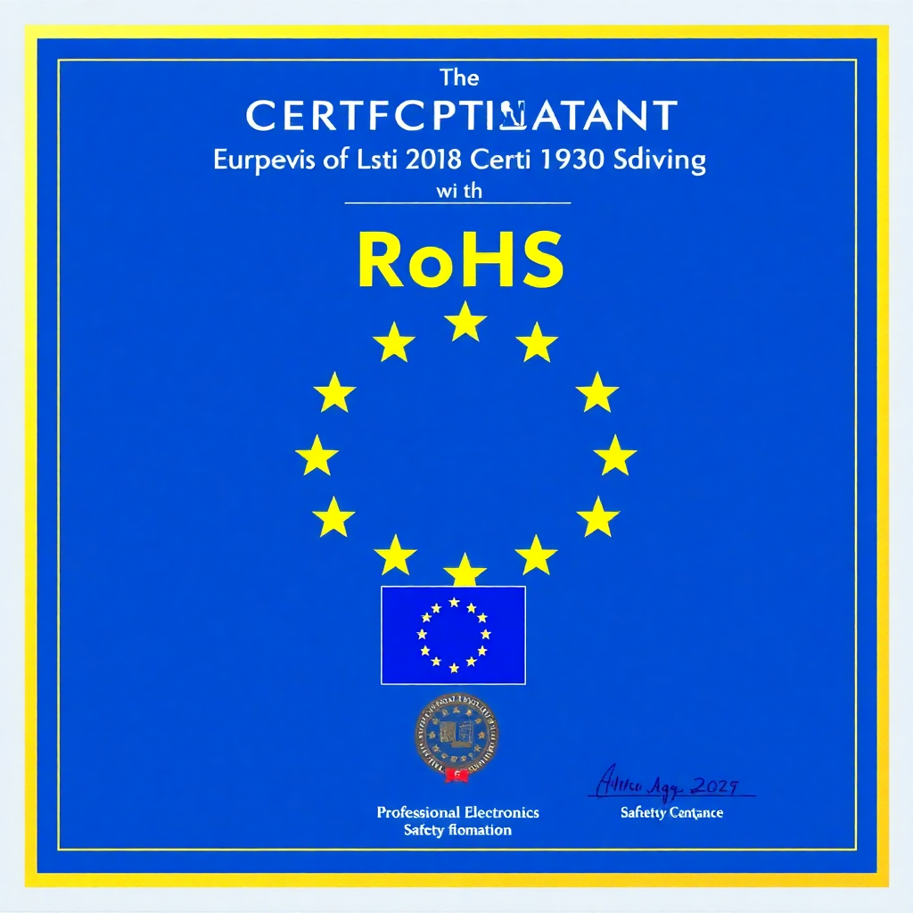 RoHS compliance certificate with EU flag symbol, professional electronics safety certification document, blue and gold accents