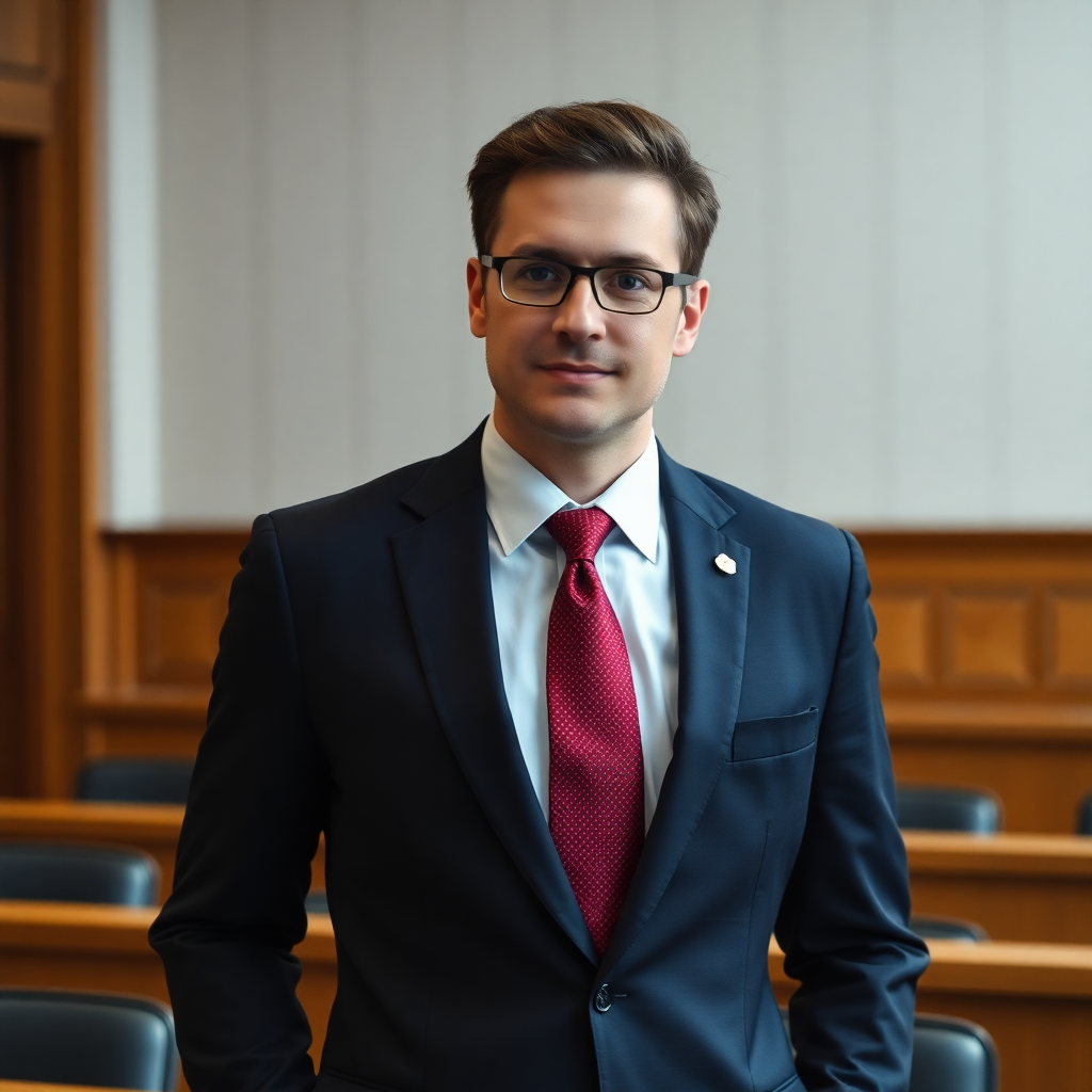 professional lawyer in courtroom, formal attire, Harvard crimson tie, minimalist setting