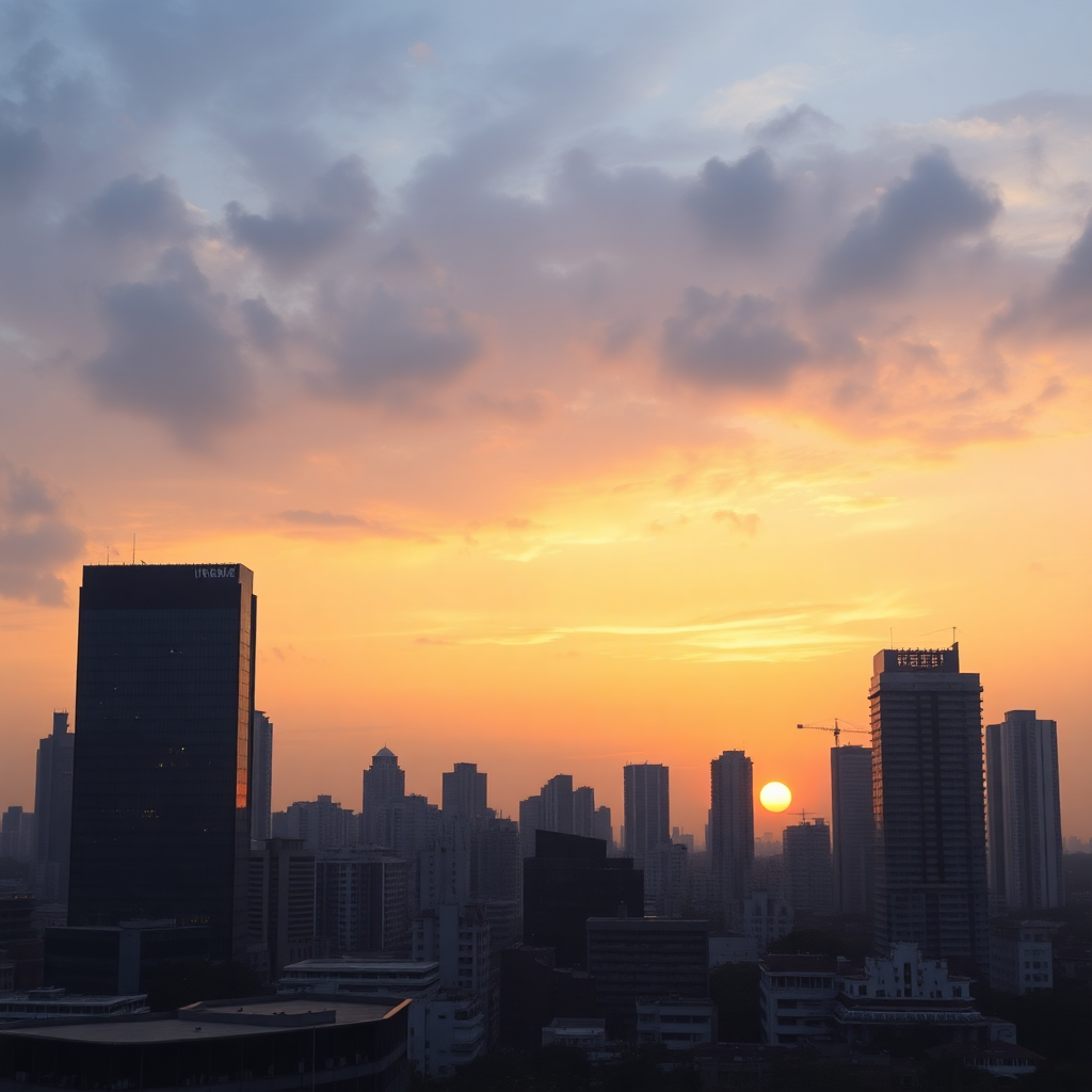 Mumbai skyline at sunset with modern financial district buildings, professional corporate photography