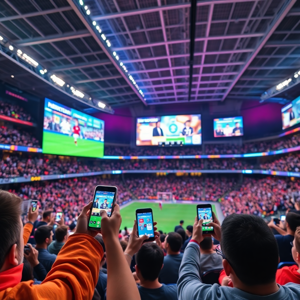 modern stadium filled with engaged fans using smartphones for interactive experiences, large digital screens showing real-time polls and games, energetic crowd participation, vibrant atmosphere with dynamic lighting and excitement