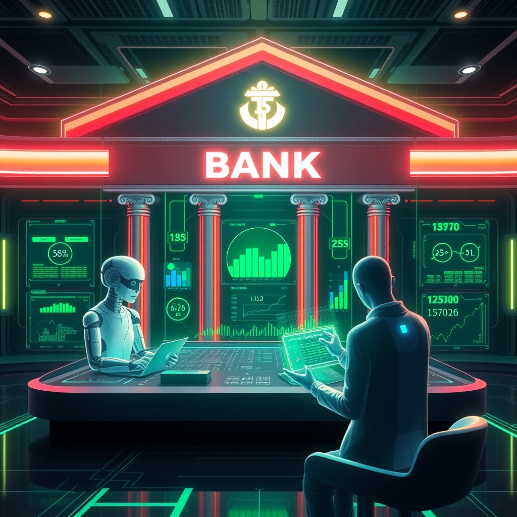futuristic banking interface with AI agents, holographic financial data, digital payments, blockchain networks, open banking APIs, green and blue neon lighting