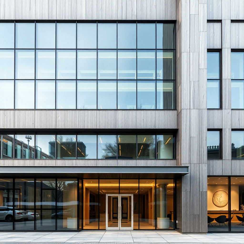 modern building exterior facade with glass and metal cladding, contemporary architecture