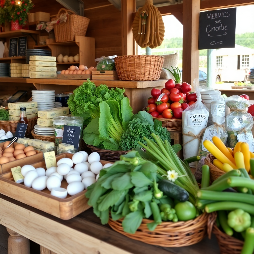 specialty food items Amish butter eggs fresh vegetables rustic farm market display