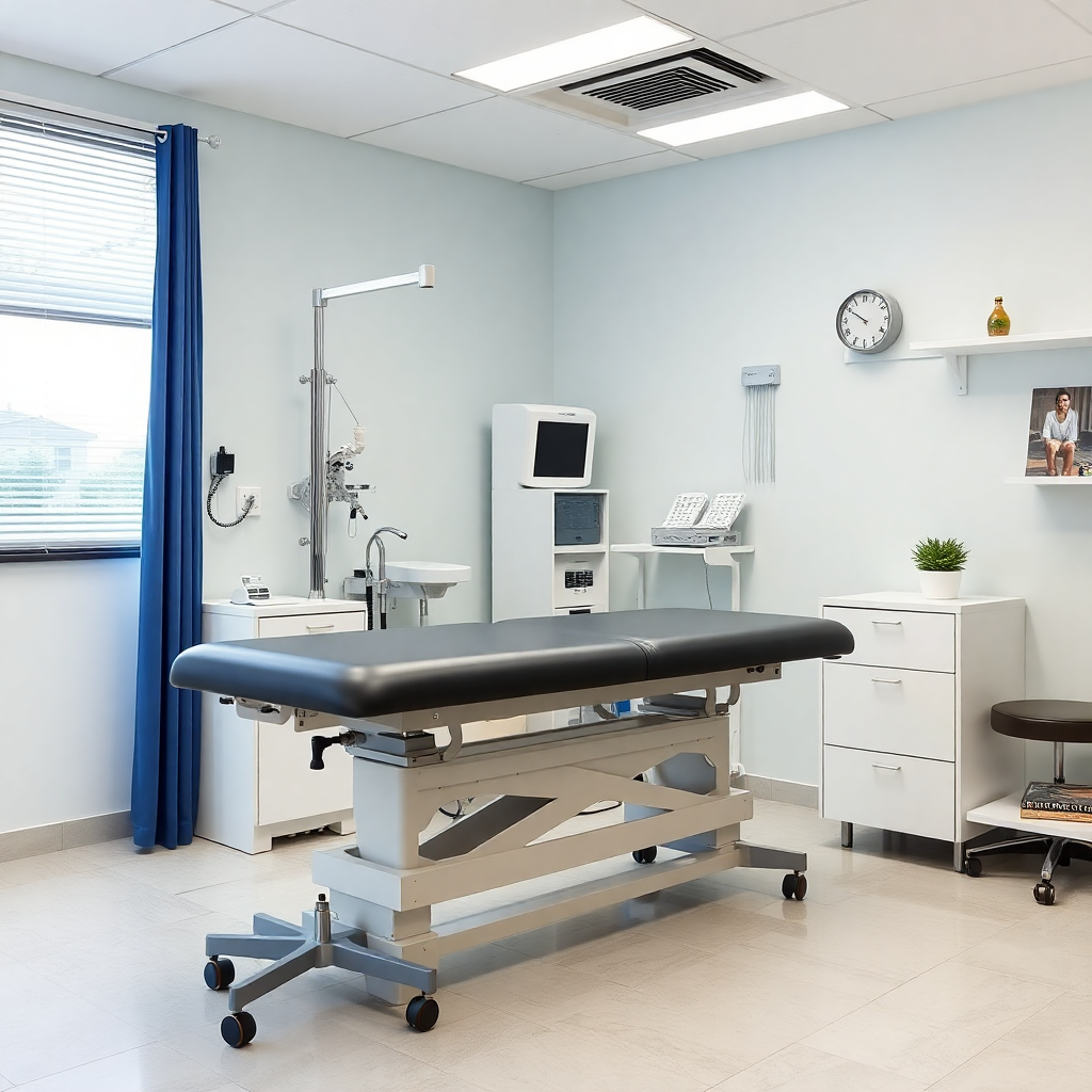 osteopathy equipment and treatment table in bright clean medical office, professional healthcare environment