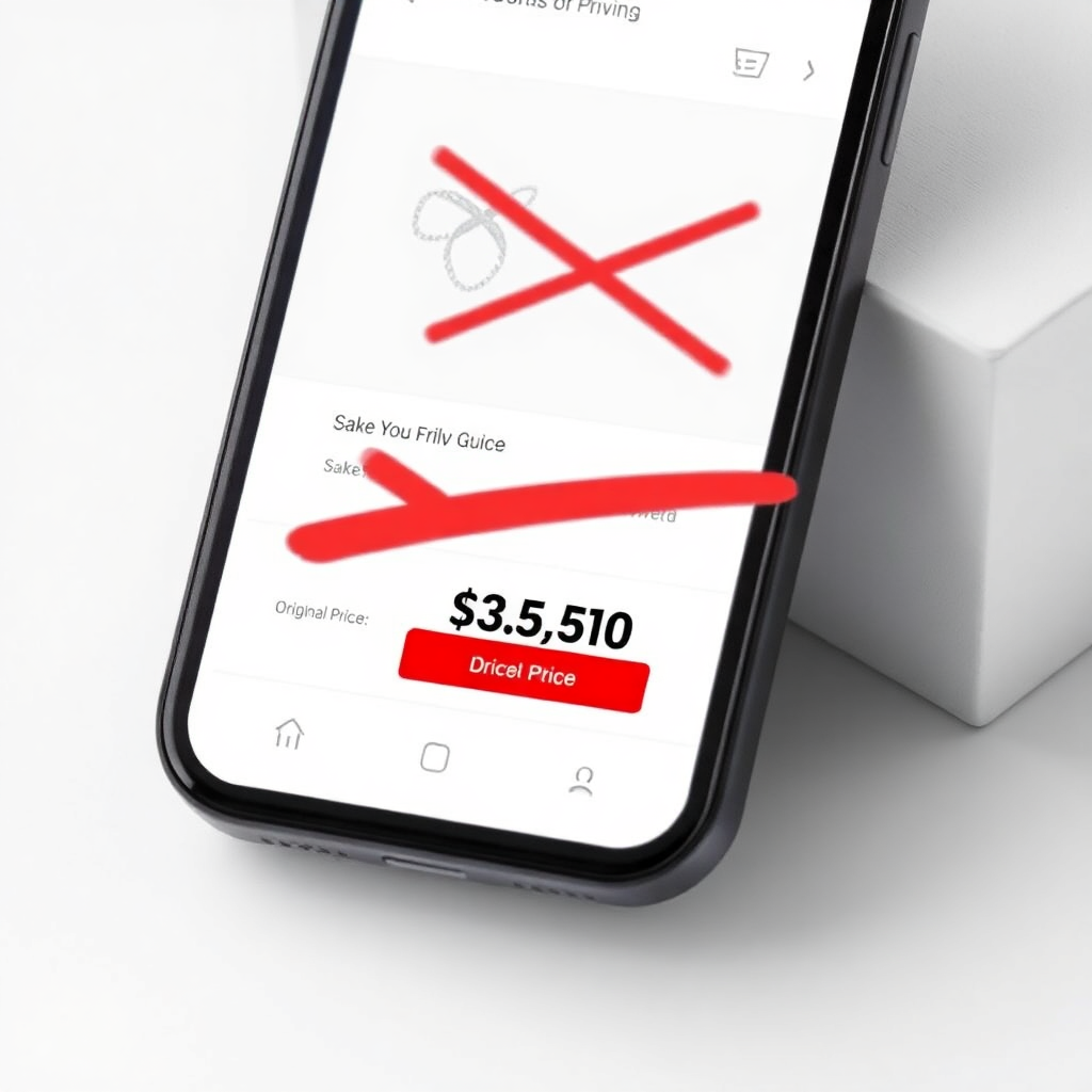 mobile screen showing a product detail page with original price crossed out and discounted price highlighted in green, e-commerce app