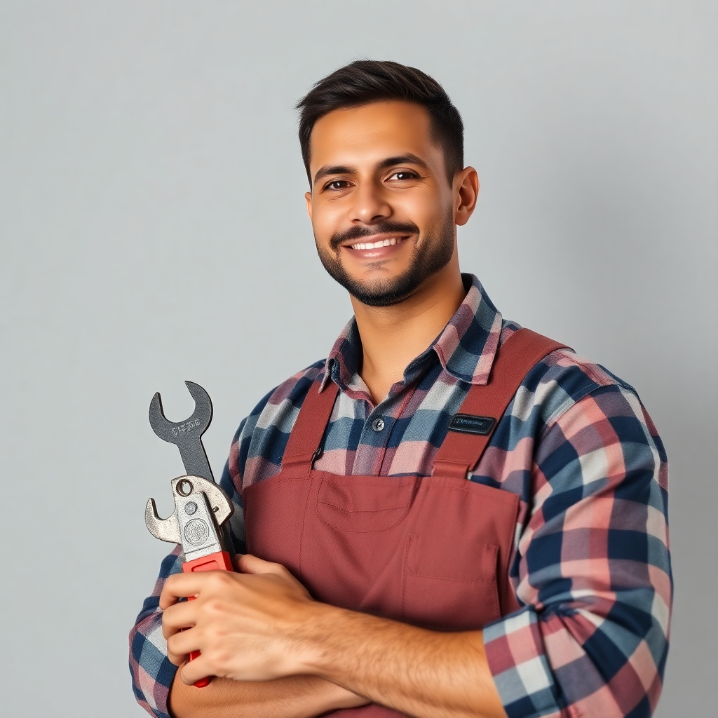 Professional Indian plumber with tools, middle-aged male, confident, realistic photography