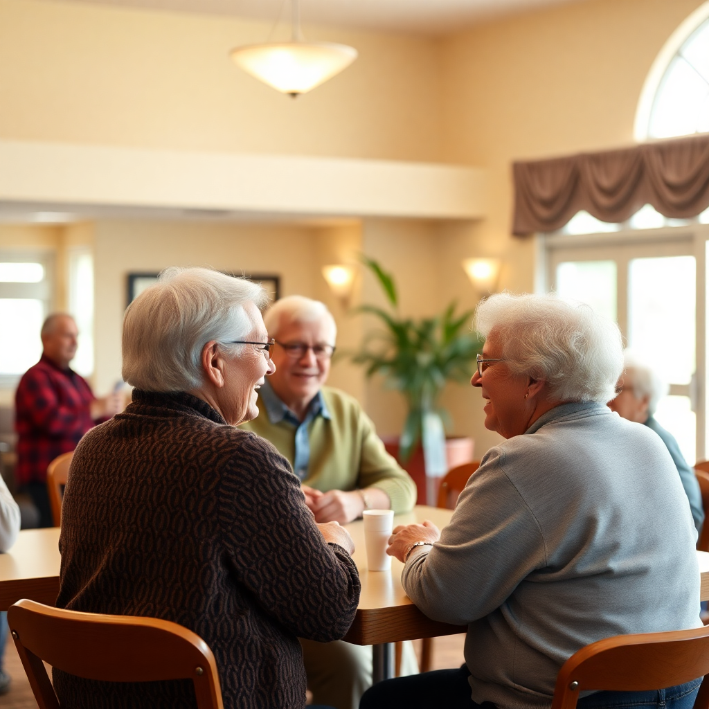 group of seniors socializing at community center, warm indoor lighting, friendly atmosphere, lifestyle photography