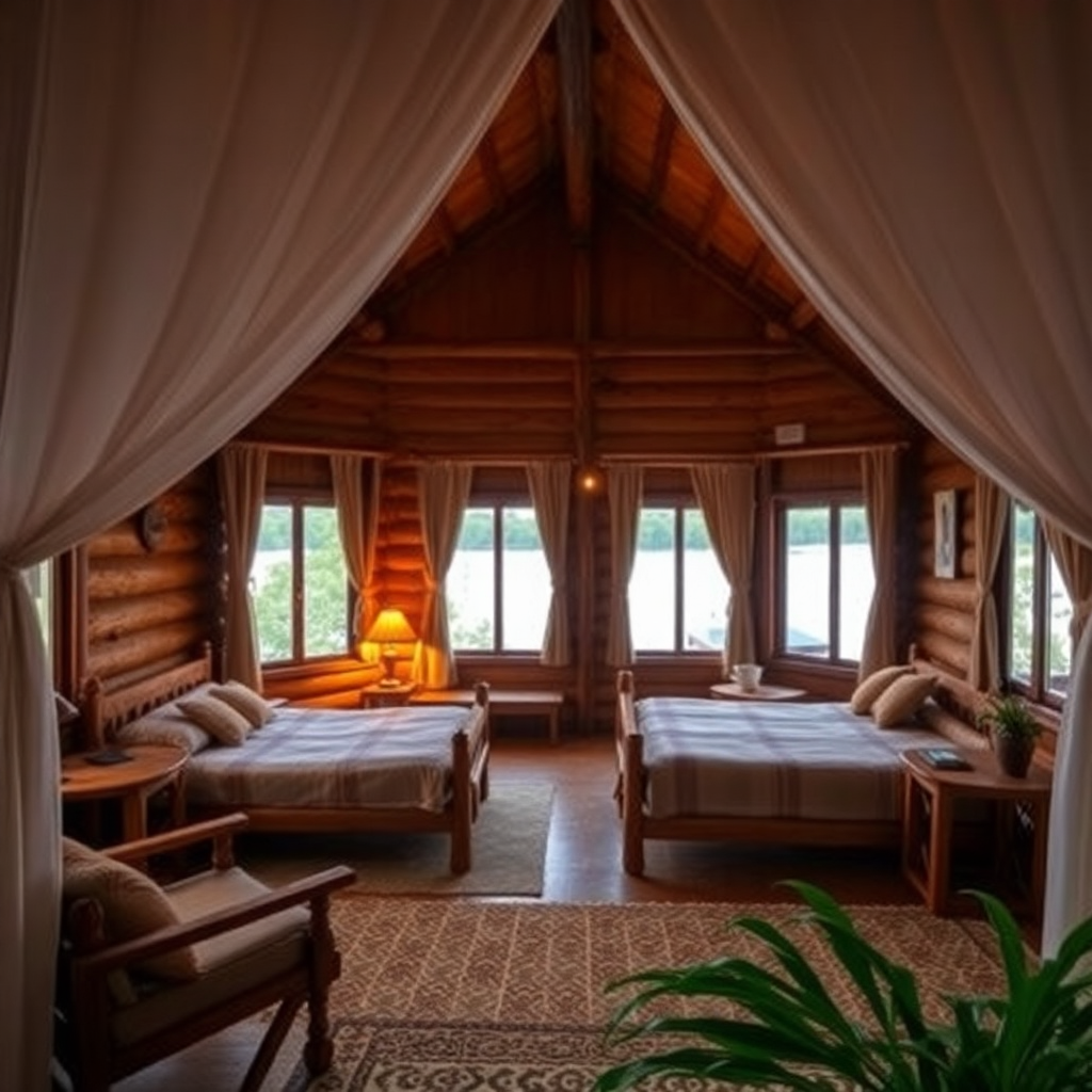 Rustic wooden eco lodge main chalet interior, cozy comfortable room, warm lighting, Paraguayan countryside style, tropical wood furniture, natural materials, lake view through windows