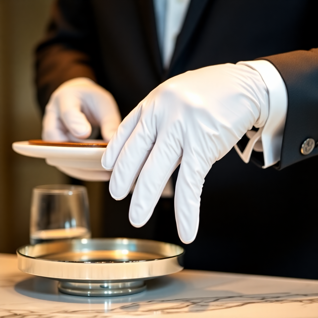 detail of high-end hotel concierge service, white gloves, silver tray, luxury aesthetic