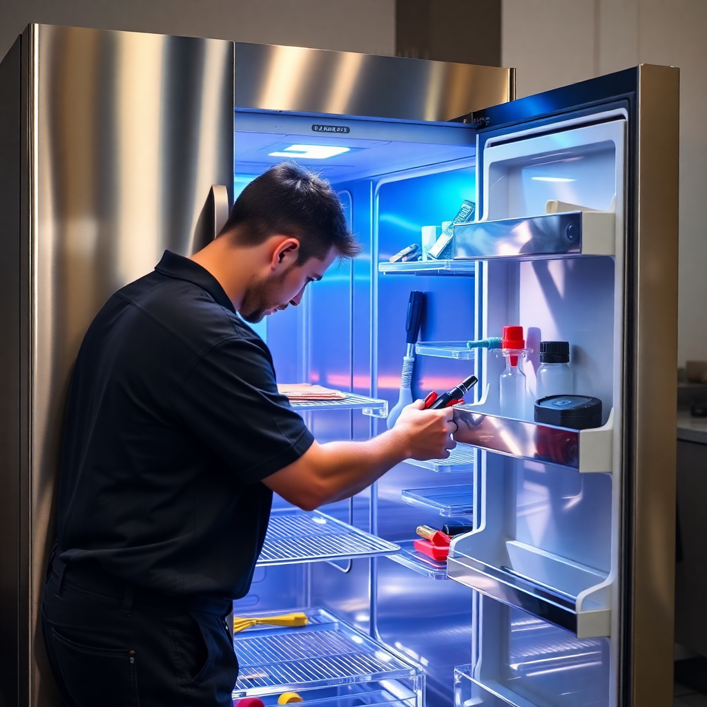 modern refrigerator repair service, technician working on stainless steel fridge, professional tools, clean blue lighting