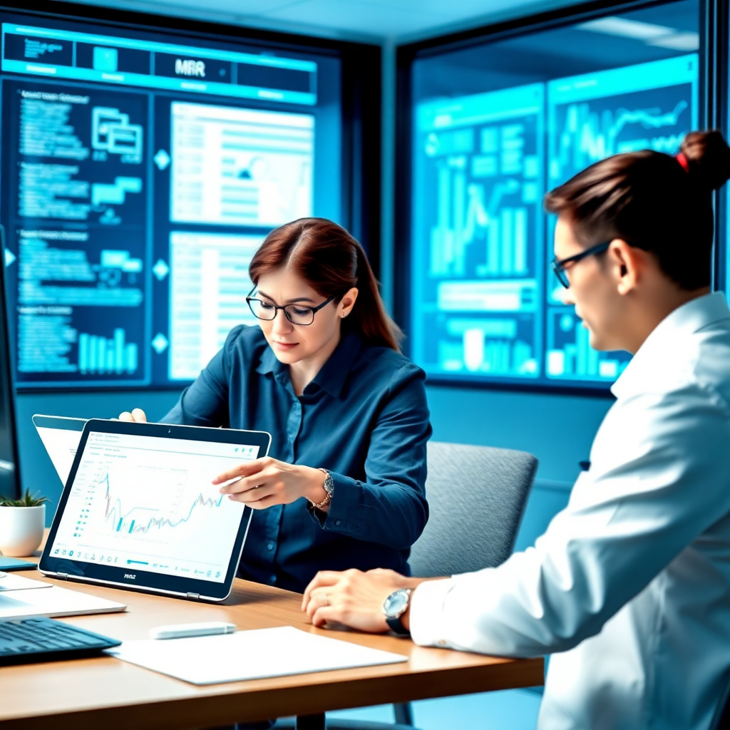 regulatory affairs team analyzing EU MDR compliance requirements with digital tools, medical device regulation documents, professional workspace
