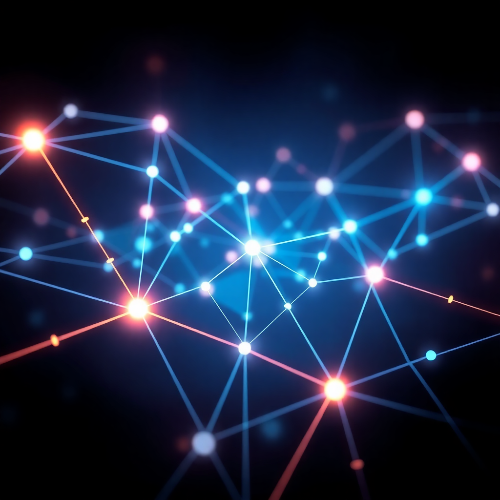 futuristic digital network with glowing connections and abstract geometric shapes representing innovation and technology