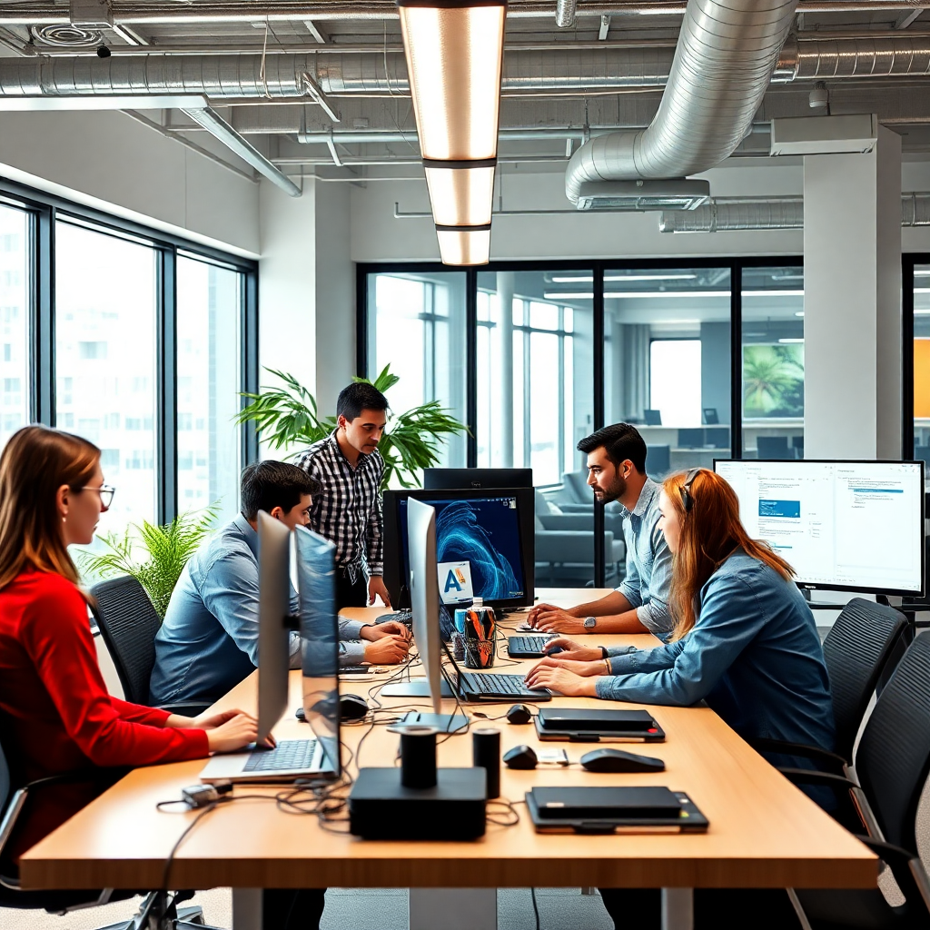 professional software development team collaborating on AI projects, modern office environment