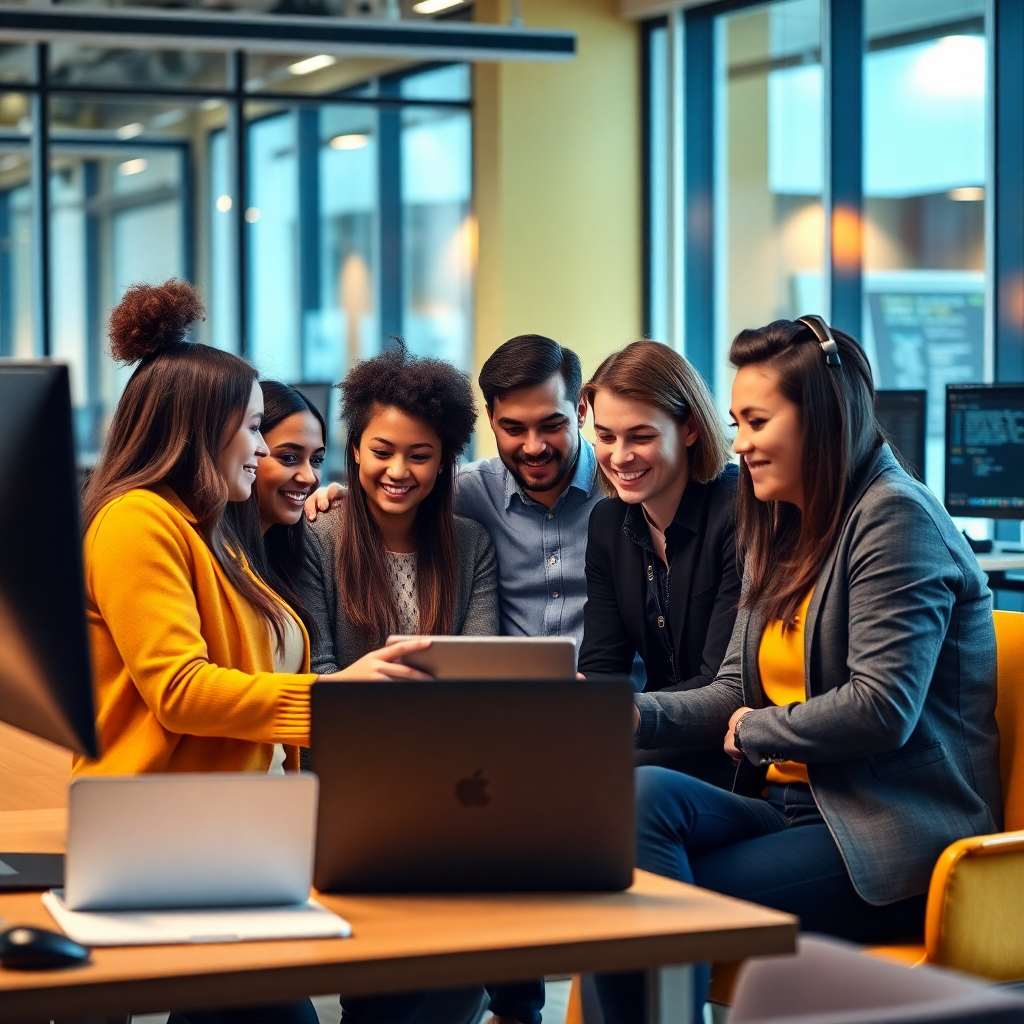 professional software development team collaborating in modern office, diverse team members, yellow and dark color scheme, high quality corporate photography