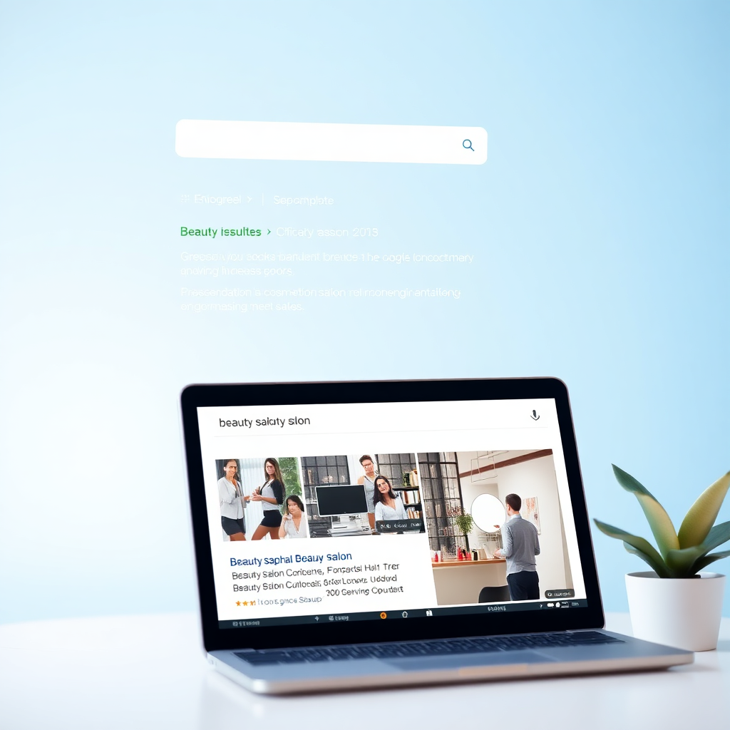 Google search results showing beauty salon listings, SEO visualization with beauty salon on top of search results, digital marketing concept for cosmeticians