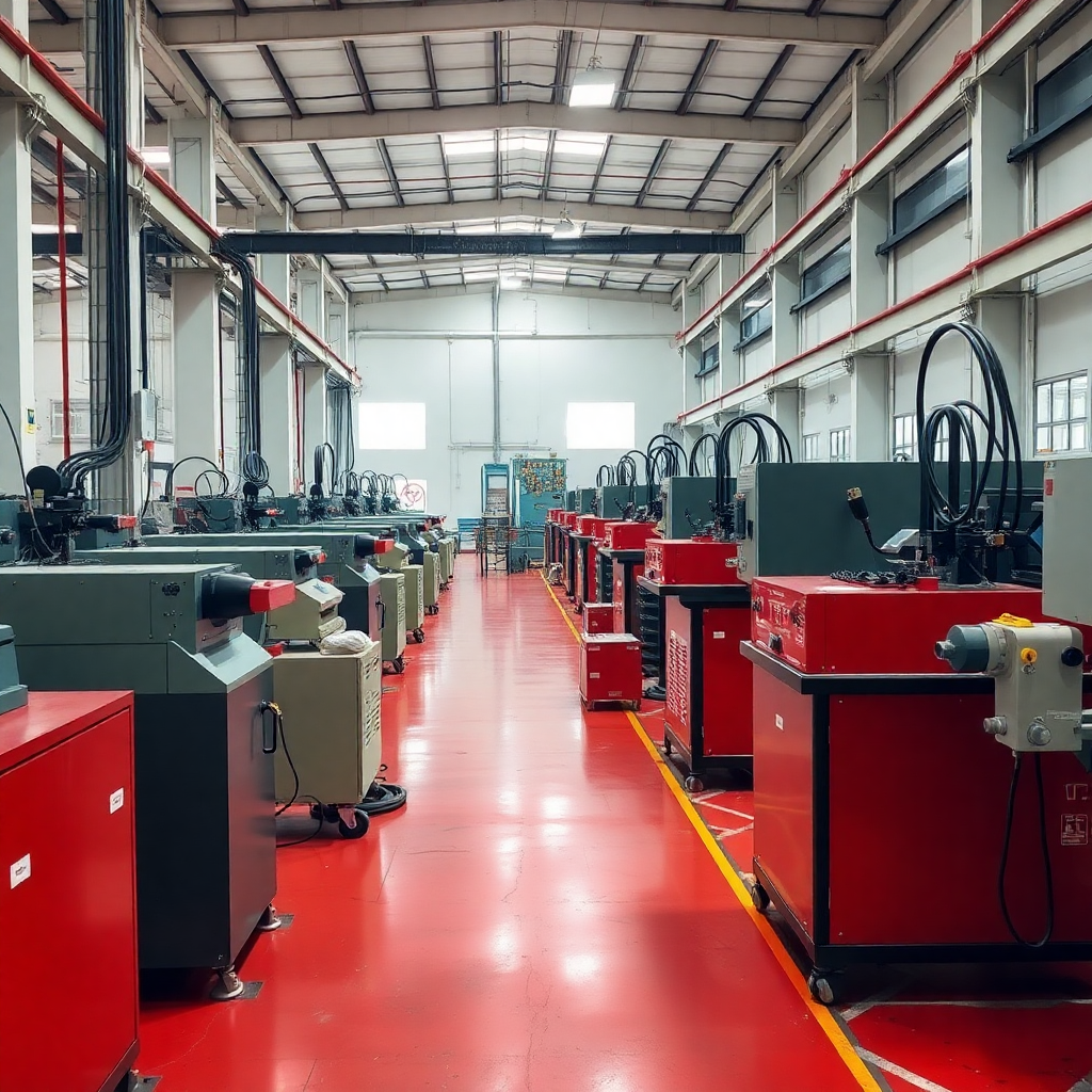 modern manufacturing facility floor with automated wire cutting and stripping machines