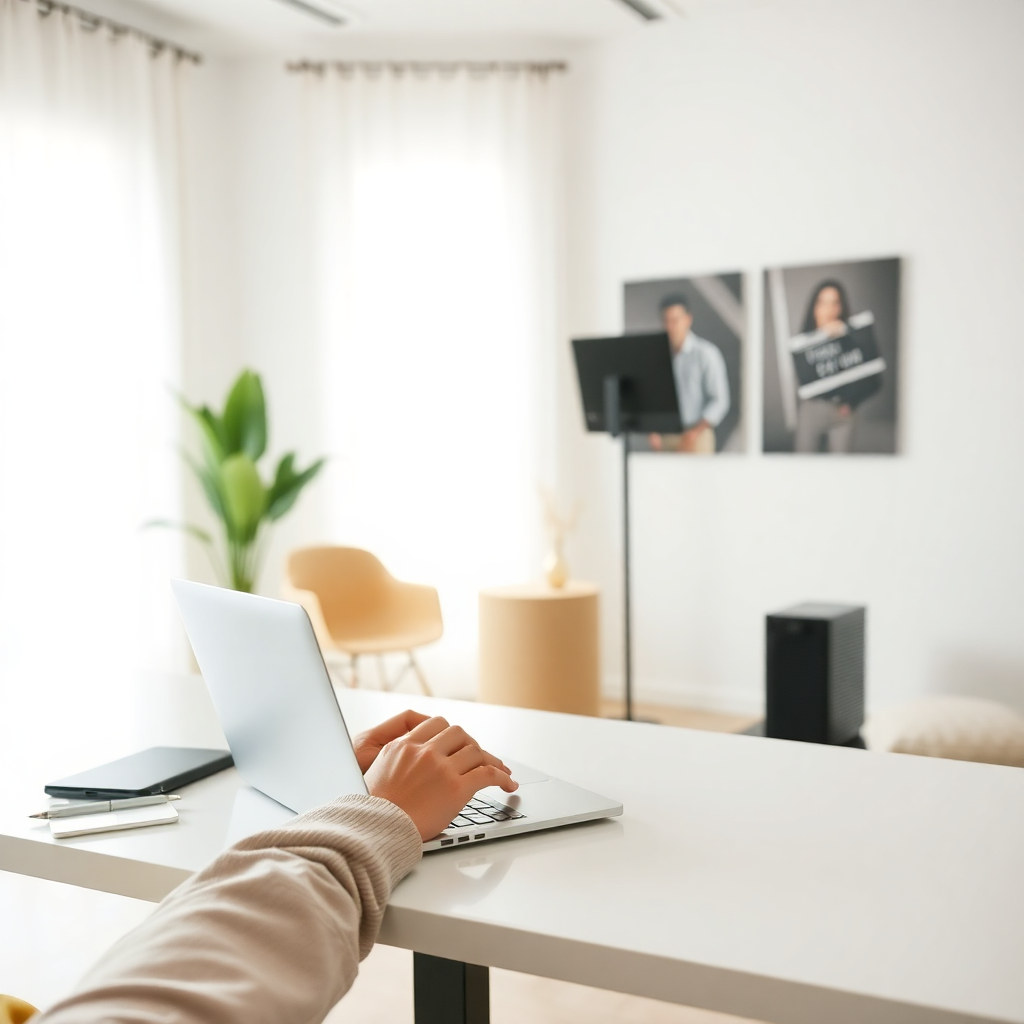 Person typing on laptop creating an event, bright airy room, aesthetic minimal workspace