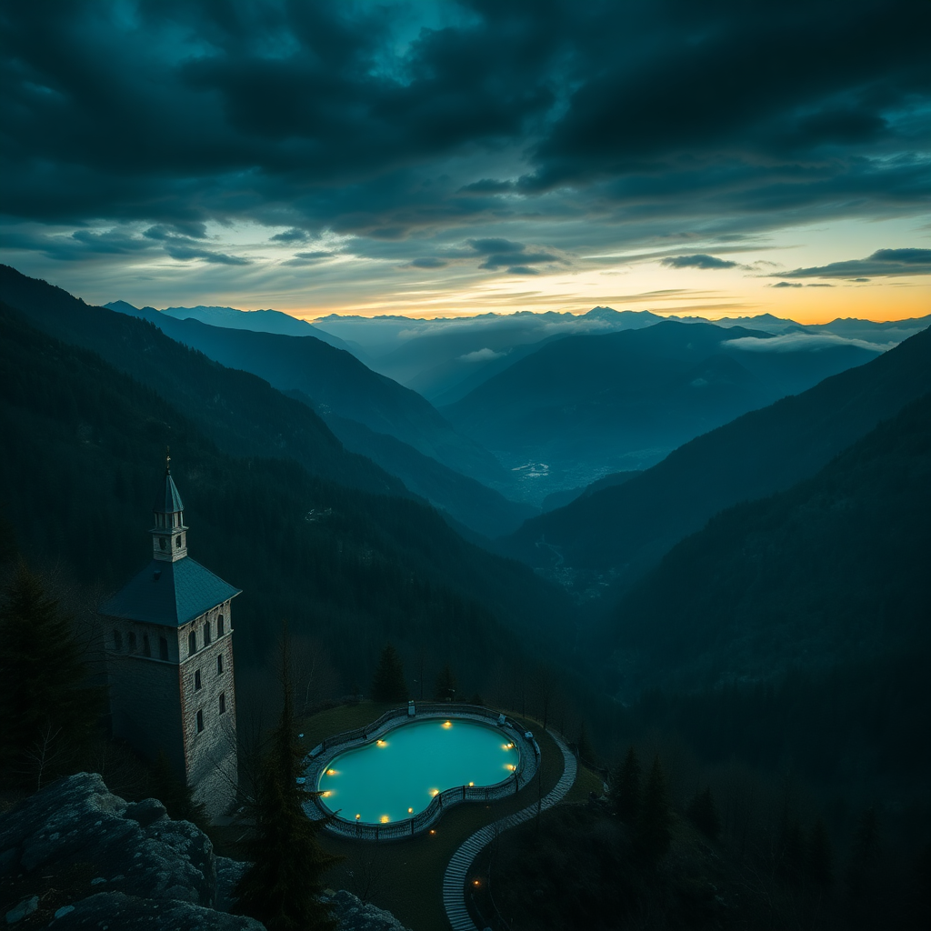 cinematic aerial view Escaldes-Engordany Andorra Caldea thermal spa towers Pyrenees mountains golden hour dramatic alpine valley luxury editorial ultra high end photography dark moody deep green charcoal tones