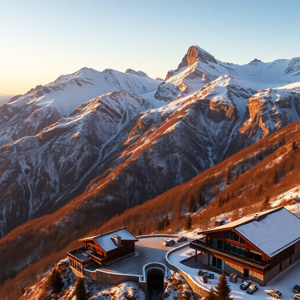 cinematic aerial Andorra Pyrenees mountains at golden hour, dramatic alpine peaks snow-capped, luxury private chalet below, editorial photography ultra-high-end
