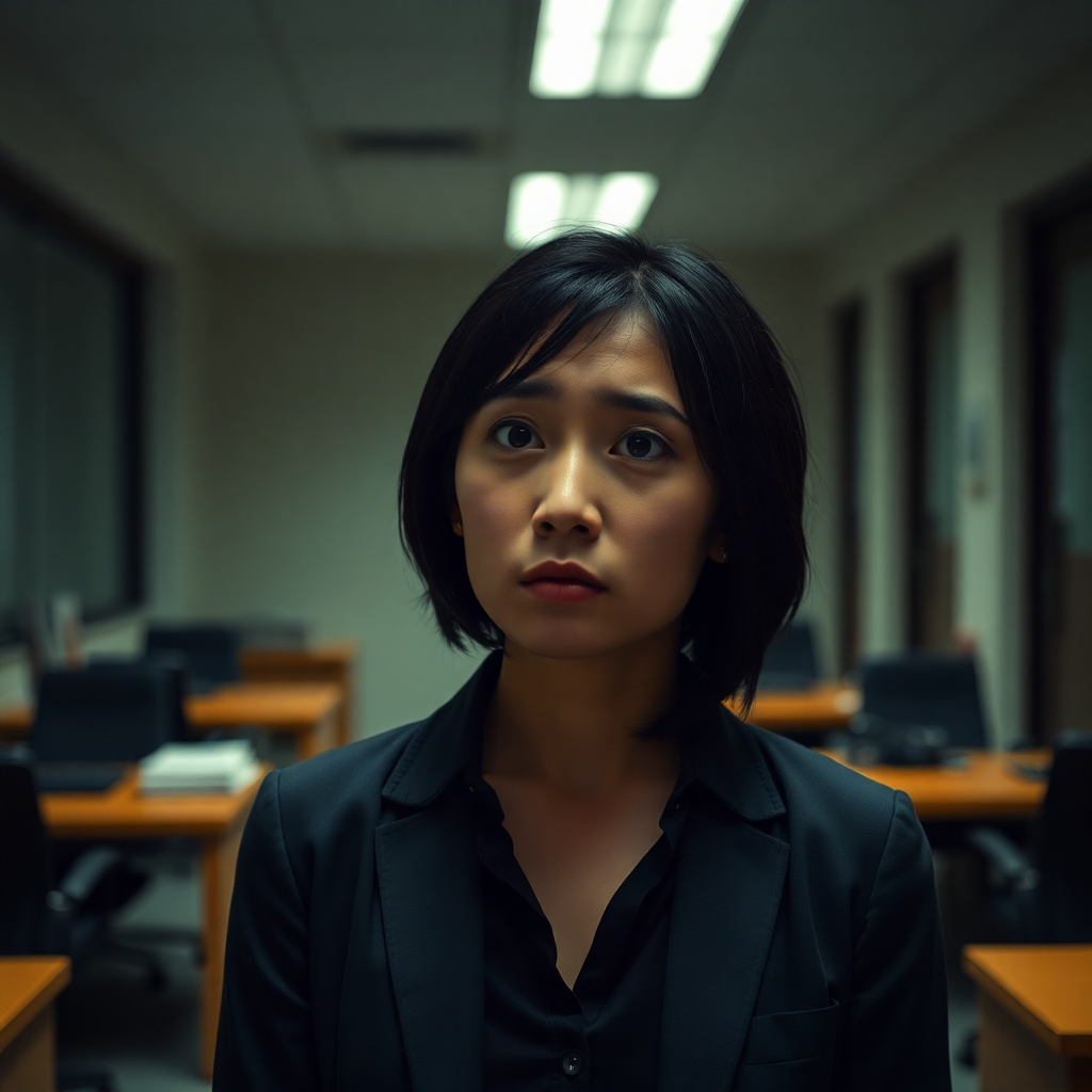 Asian woman looking stressed and worried in empty office, dramatic lighting, documentary style