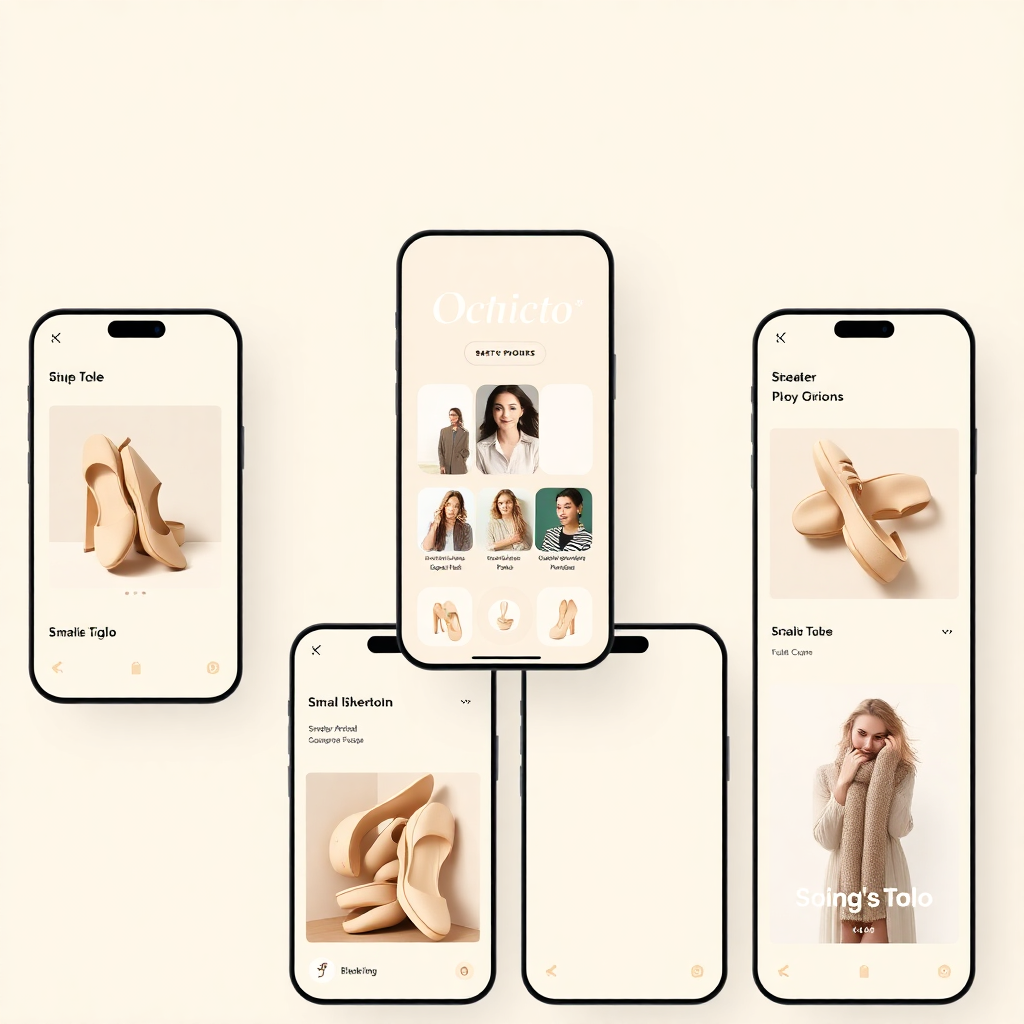 UI design showcase of mobile app screens with soft beige colors, rounded cards, organic layout, fashion products, clean typography