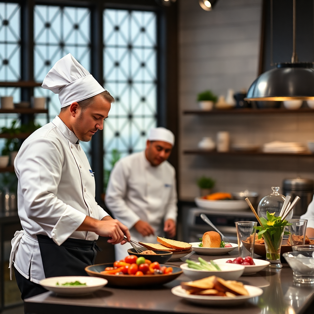 cooking show still, chef plating
