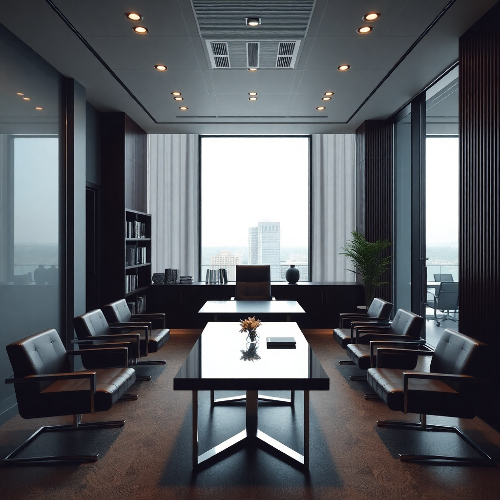 professional law office with modern interior, serious atmosphere, dark tones