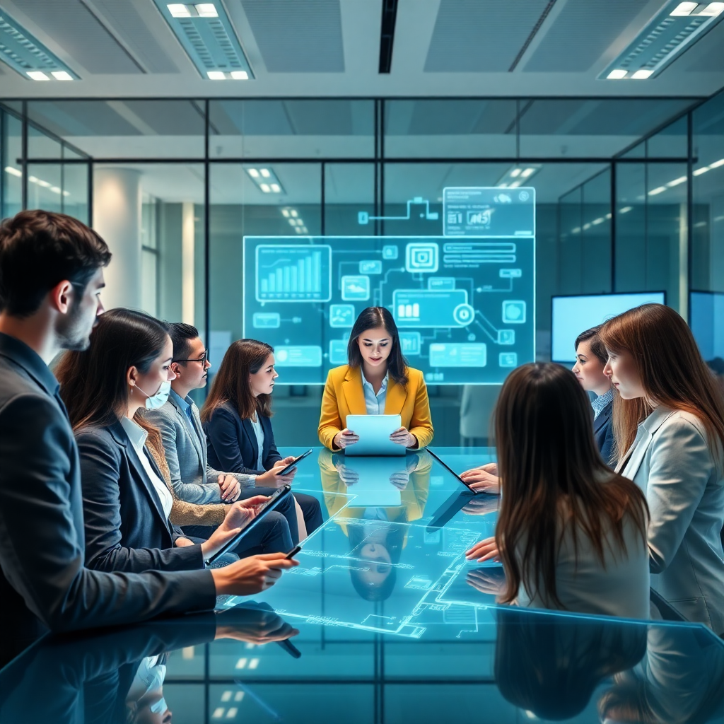 diverse business professionals using interactive digital learning platform on tablets and laptops, modern corporate training environment with holographic displays